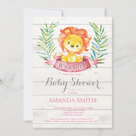 Rustic Girl Lion Baby shower Invitation Pink Kaart (Voorkant)
