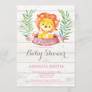 Rustic Girl Lion Baby shower Invitation Pink Kaart