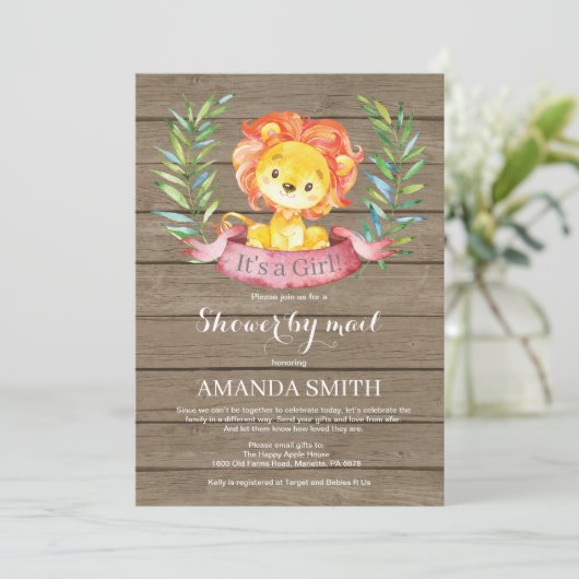 Rustic Girl Lion Baby shower per post Uitnodiging (Staand voorkant)