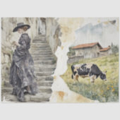 Rustic Girl on Stone Steps Cow Pasture Watercolor Tissuepapier (Voorkant)
