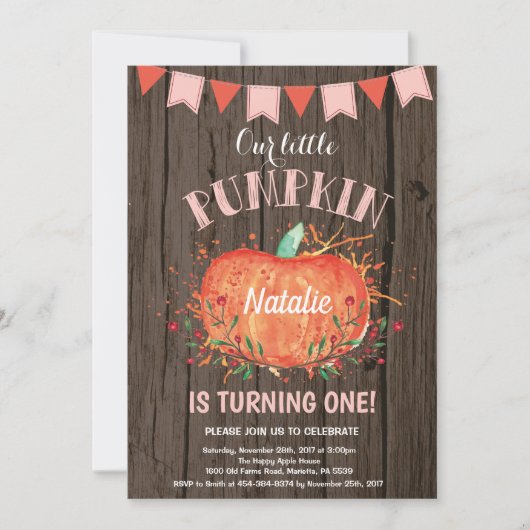 Rustic Girl Pompoen Verjaardagsuitnodiging Roze Kaart (Voorkant)