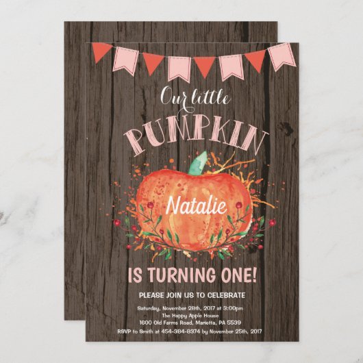 Rustic Girl Pompoen Verjaardagsuitnodiging Roze Kaart (Voorkant / Achterkant)