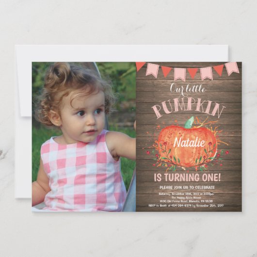 Rustic Girl Pumpkin Birthday Invitation Pink Kaart (Voorkant)
