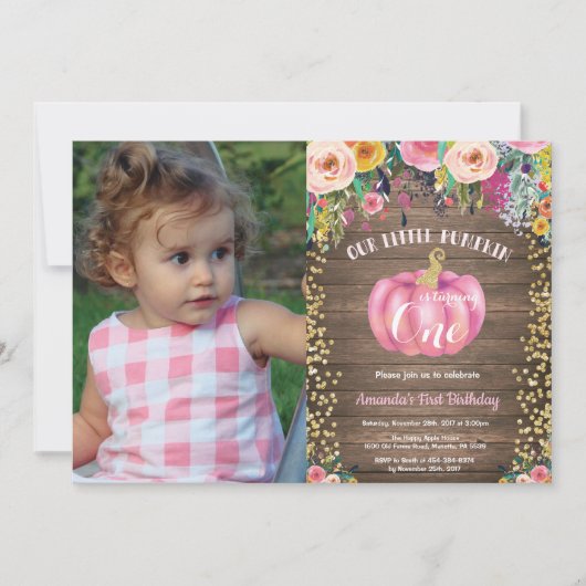 Rustic Girl Pumpkin First Birthday Floral Gold Kaart (Voorkant)