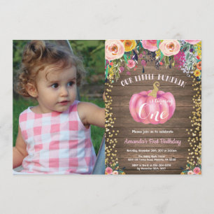 Rustic Girl Pumpkin First Birthday Floral Gold Kaart