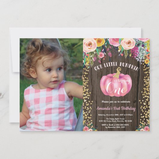 Rustic Girl Pumpkin First Birthday Floral Gold Kaart (Voorkant)