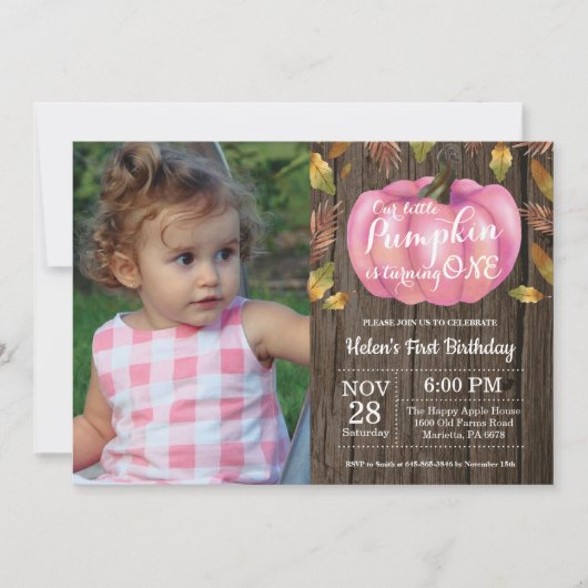 Rustic Girl Pumpkin First Birthday Invitation Pink Kaart (Voorkant)