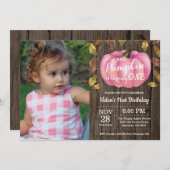 Rustic Girl Pumpkin First Birthday Invitation Pink Kaart (Voorkant / Achterkant)