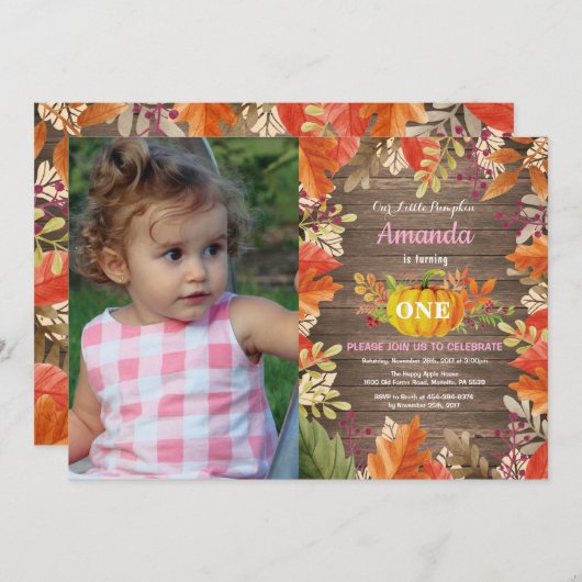 Rustic Girl Pumpkin Herfst Verjaardagsuitnodiging Kaart (Voorkant / Achterkant)