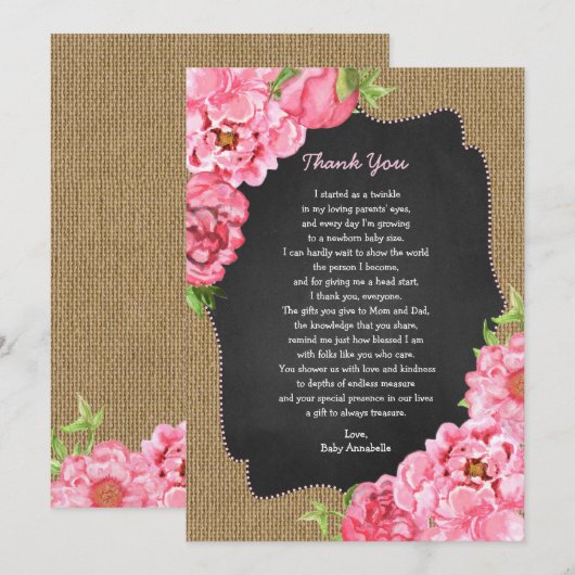 Rustic Girl Roze Bloemen Baby Bedankt Kaart (Voorkant / Achterkant)