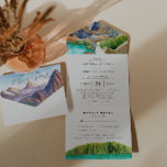 Rustic Glacier Lake Mountain Wedding All In One Uitnodiging<br><div class="desc">Doe mee in de bergen! Plaats de toon voor een rustige bergbruiloft met een douane alle-in-één uitnodiging. Denk aan de bergen van Blue Ridge, de bergen van Gletsjer, Appalachian, de bergen van Rocky, Colorado, enz. Deze uitnodiging is een geweldige manier om je gasten aanvullende informatie te geven over de bruiloft....</div>