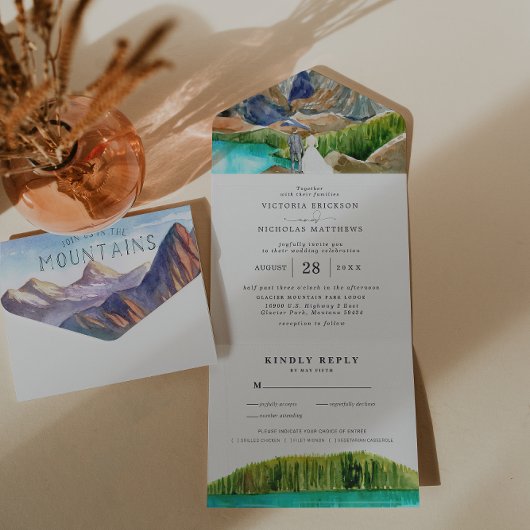 Rustic Glacier Lake Mountain Wedding All In One Uitnodiging