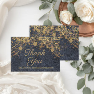 Rustic Glam Blauw Gouden Slingerlichtjes Bruiloft Bedankkaart