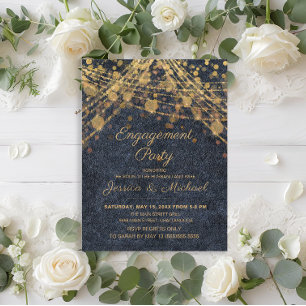 Rustic Glam Blue Gold String Lichten Verloving Briefkaart