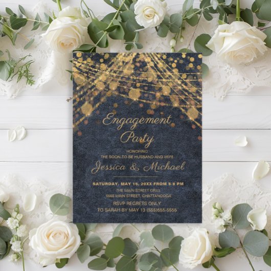 Rustic Glam Blue Gold String Lichten Verloving Briefkaart