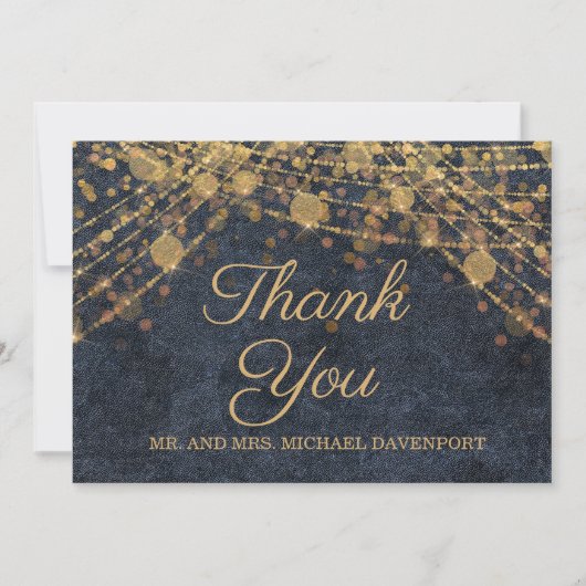 Rustic Glam Blue Gold String Lights Wedding Bedankkaart (Voorkant)