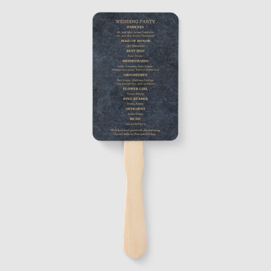 Rustic Glam Blue Gold Wedding Programma Handwaaier (Achterkant)