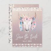 Rustic Glam Boho Bloem Koeschedel Save the Date Aankondigingskaart (Voorkant / Achterkant)