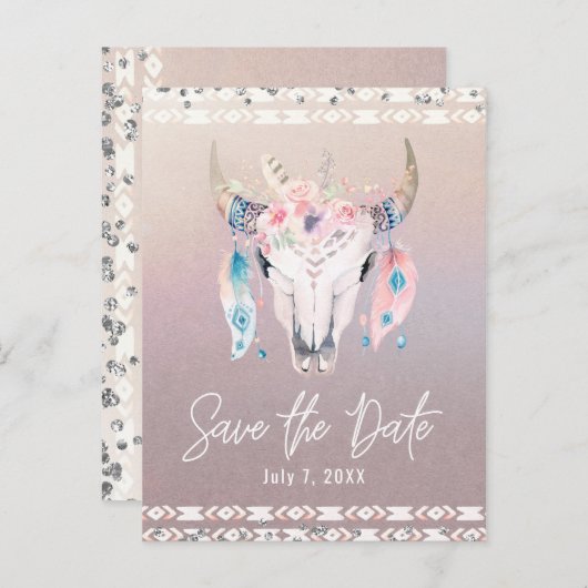 Rustic Glam Boho Bloem Koeschedel Save the Date Aankondigingskaart (Voorkant / Achterkant)