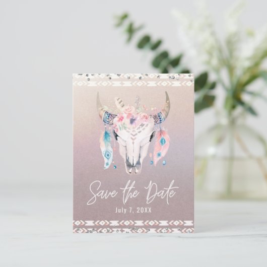 Rustic Glam Boho Bloem Koeschedel Save the Date Aankondigingskaart (Staand voorkant)