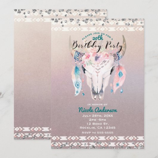Rustic Glam Boho Bloem Koeschedel Verjaardagsfeest Kaart (Voorkant / Achterkant)
