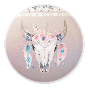 Rustic Glam Boho Floral Cow Skull Iridescent Keramische Knop