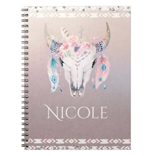 Rustic Glam Boho Floral Koe Skull Iridescent Notitieboek (Voorkant)