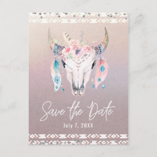 Rustic Glam Boho Floral Koe Skull Save the Date Aankondigingskaart