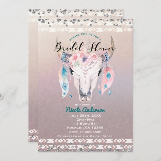 Rustic Glam Boho Floral Koe Skull Vrijgezellenfees Kaart (Voorkant / Achterkant)