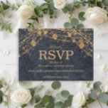 Rustic Glam Denim Blue Gold String Lights Wedding RSVP Kaartje<br><div class="desc">Maak uw trouwsuite compleet met deze elegante RSVP-kaart met gloeiende gouden lichtjes over een rijke achtergrond van faux-denim van de marine. Ontworpen om perfect te coördineren met ons Rustic Glam Wedding Collectie, is deze antwoordkaart ideaal voor bruiloften in de avond, schuur of countryclub. De tekst nodigt gasten uit om te...</div>
