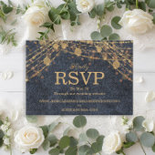 Rustic Glam Denim Blue Gold String Lights Wedding RSVP Kaartje