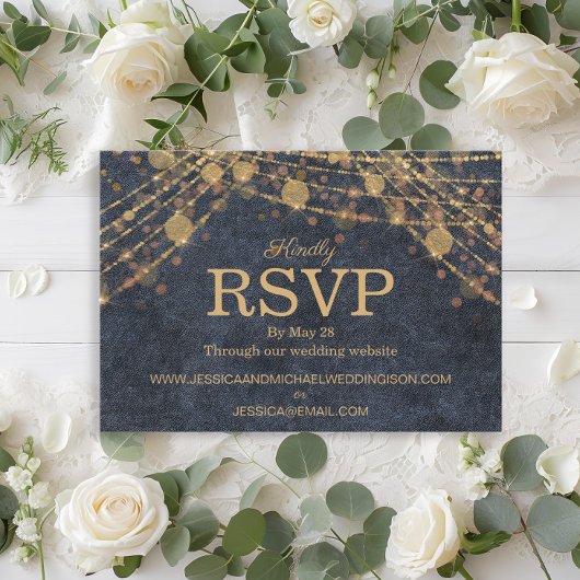 Rustic Glam Denim Blue Gold String Lights Wedding RSVP Kaartje