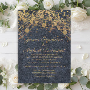 Rustic Glam Gold String Lights Denim Blue Wedding Kaart