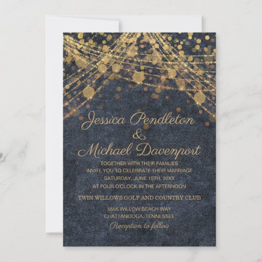 Rustic Glam Gold String Lights Denim Blue Wedding Kaart (Voorkant)