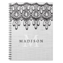 Rustic Glam Grey Linen Black Lace Monogram