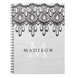 Rustic Glam Grey Linen Black Lace Monogram Notitieboek