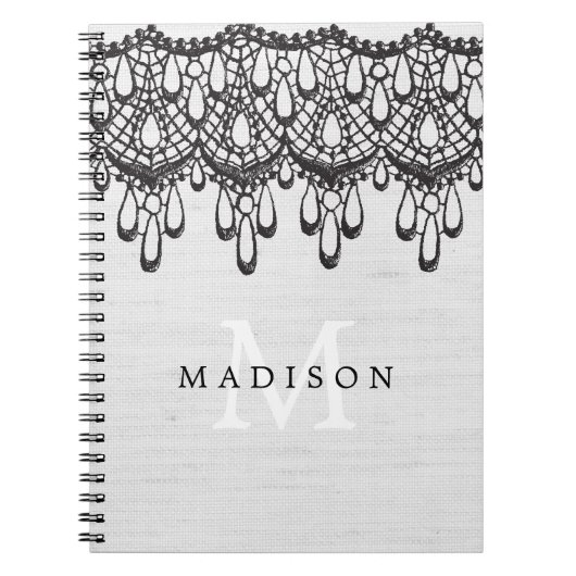 Rustic Glam Grey Linen Black Lace Monogram Notitieboek (Voorkant)
