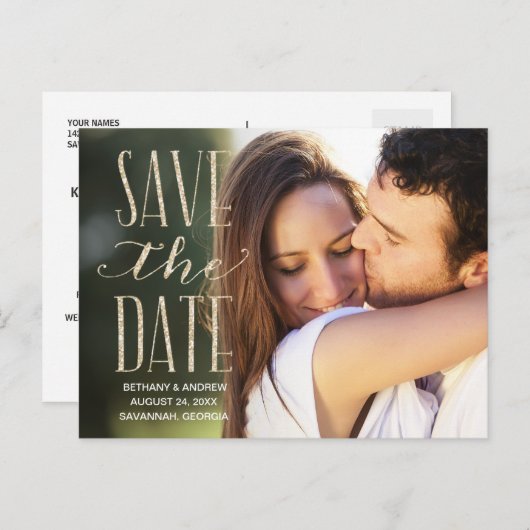 Rustic Glam Lettering Foto Bewaar de datum Aankondigingskaart (Voorkant / Achterkant)