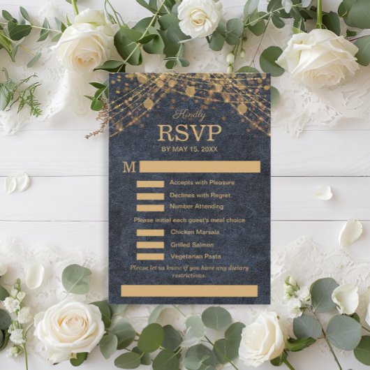 Rustic Glam Marine Blauw Goud Trouwmenu RSVP