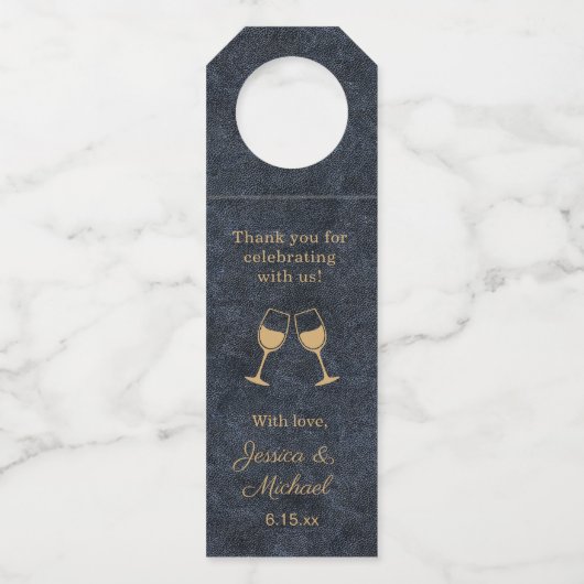 Rustic Glam Navy Blauw Goud Huwelijk Flessenhanger (Voorkant)