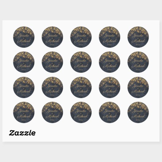 Rustic Glam Navy Blue Gold Script Wedding Ronde Sticker (Vel)