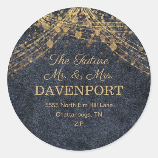 Rustic Glam Navy Blue Gold String Lights Ronde Sticker (Voorkant)