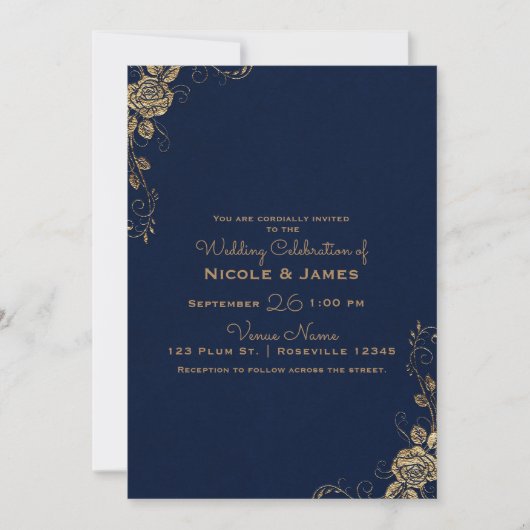  Rustic Glam Roos Corners Blauw Goud Huwelijk Kaart (Voorkant)