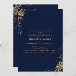 Rustic Glam Roos Corners Blue Gold Wedding Kaart