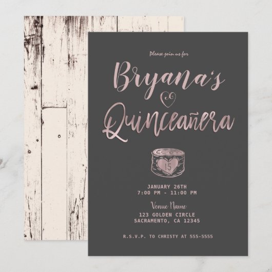 Rustic Glam Roos Gold Pink Grey 15 Quinceañera Kaart (Voorkant / Achterkant)