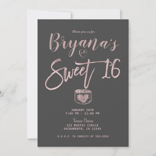 Rustic Glam Roos Gold Pink Grey Sweet 16 Party Kaart (Voorkant)