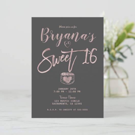 Rustic Glam Roos Gold Pink Grey Sweet 16 Party Kaart (Staand voorkant)