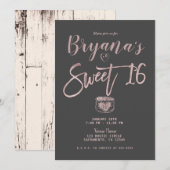 Rustic Glam Roos Gold Pink Grey Sweet 16 Party Kaart (Voorkant / Achterkant)