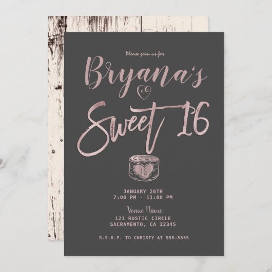 Rustic Glam Roos Gold Pink Grey Sweet 16 Party Kaart (Voorkant / Achterkant)