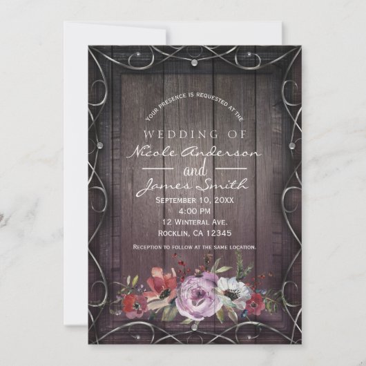 Rustic Glamor Barn Wood Flourish & Floral Wedding Kaart (Voorkant)